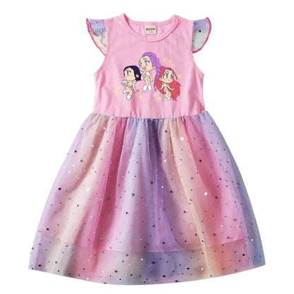 K-Pop Hunters Rumi Baby Girls Dress Children Cartoon Mesh Star Sequins Princess Dress Kids Flying Sleeve Skirt For Birthday Gift