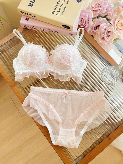 YUQI Japanese Style Lace Lingerie Set, Wireless Push Up Bra for Small Breasts, Anti-Sagging Lolita Bralette, Sheer Comfort Wear