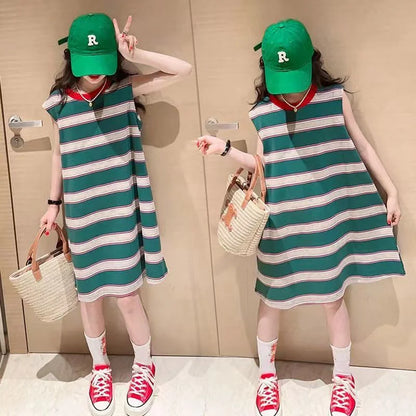 Striped Long T-shirt Children's Stylish Sleeveless Dress Vest Skirt Kids Girls Dresses 10 12 Years Old Teenager Elegant Sale 6 8