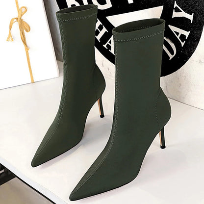 BIGTREE Shoes Stiletto Sexy Elastic Boots Women Shoes Sexy Stretch Fabric Ankle Boots Pointed Tip High Heels Boots Plus Size 43