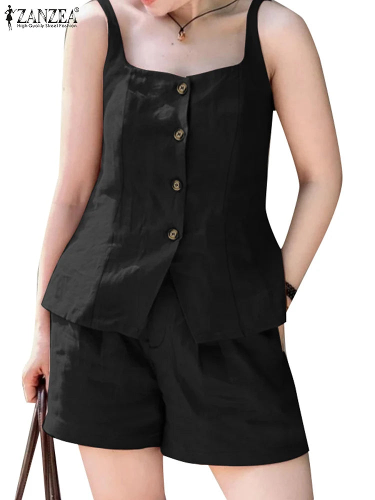 2025 ZANZEA Summer Elegant Sleeveless Vests Tops Shorts Sets Women 2PCS Holiday Outfits Stylish Solid Tracksuits Two Pieces Set