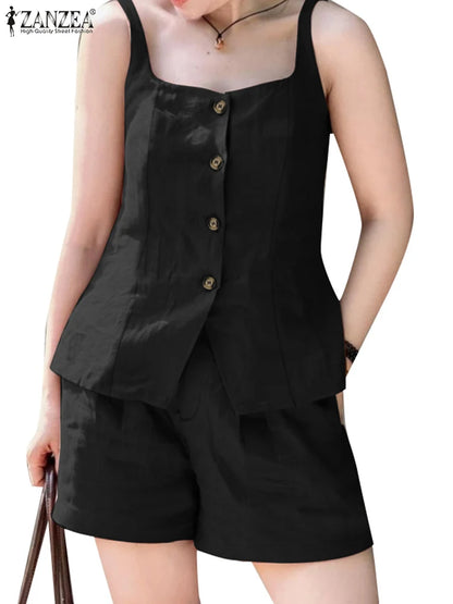 2025 ZANZEA Summer Elegant Sleeveless Vests Tops Shorts Sets Women 2PCS Holiday Outfits Stylish Solid Tracksuits Two Pieces Set