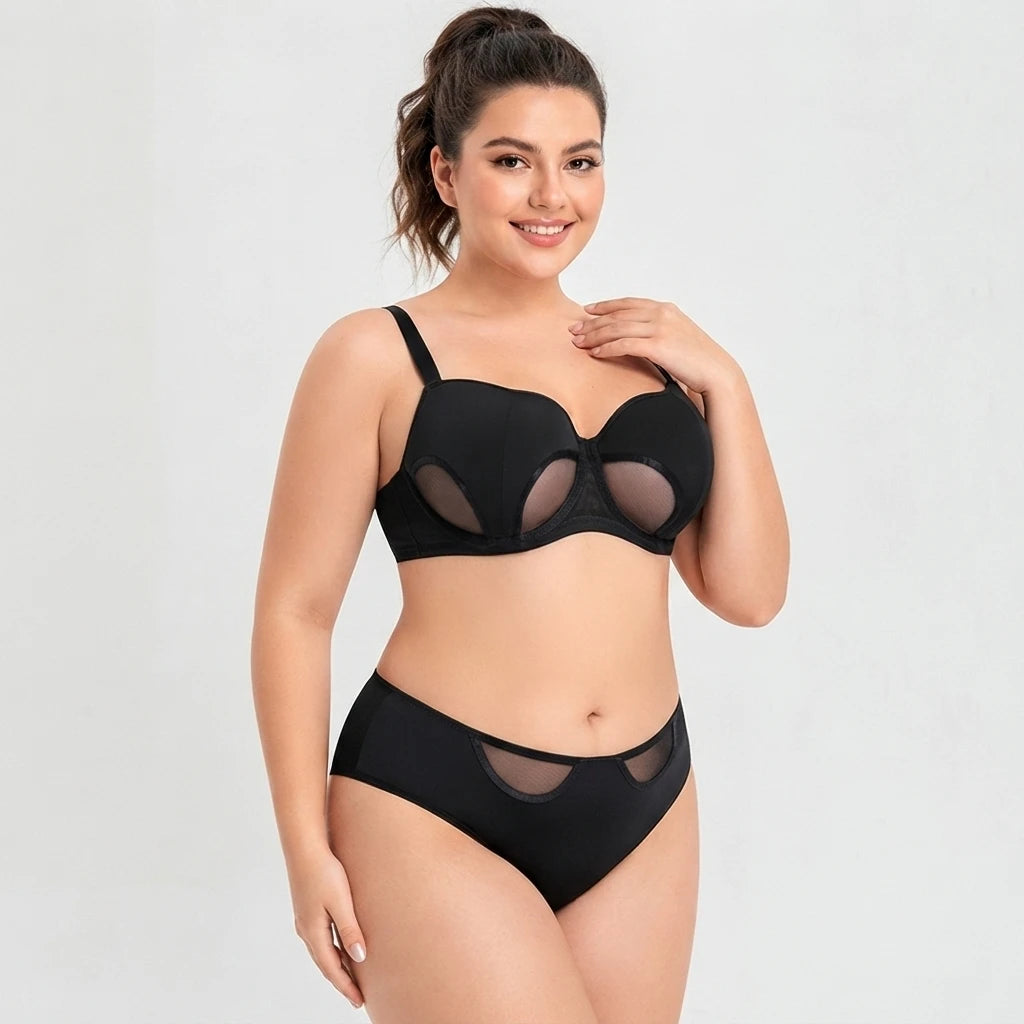 Women Plus Size Minimizer Sheer Mesh Bra And Panty Set Underwire Full Coverage Big Cup D E F G H I Curvy Lingerie 2 Pieces D