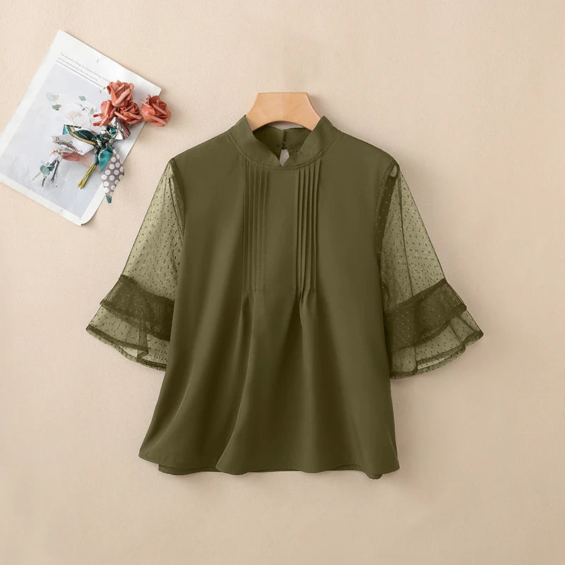 ZANZEA Woman Casual Blouses Pintuck Stand Collar Swiss Dots Patchwork 3/4 Sleeve Tops 2026 Summer Elegant Chic Blusas de Mujer