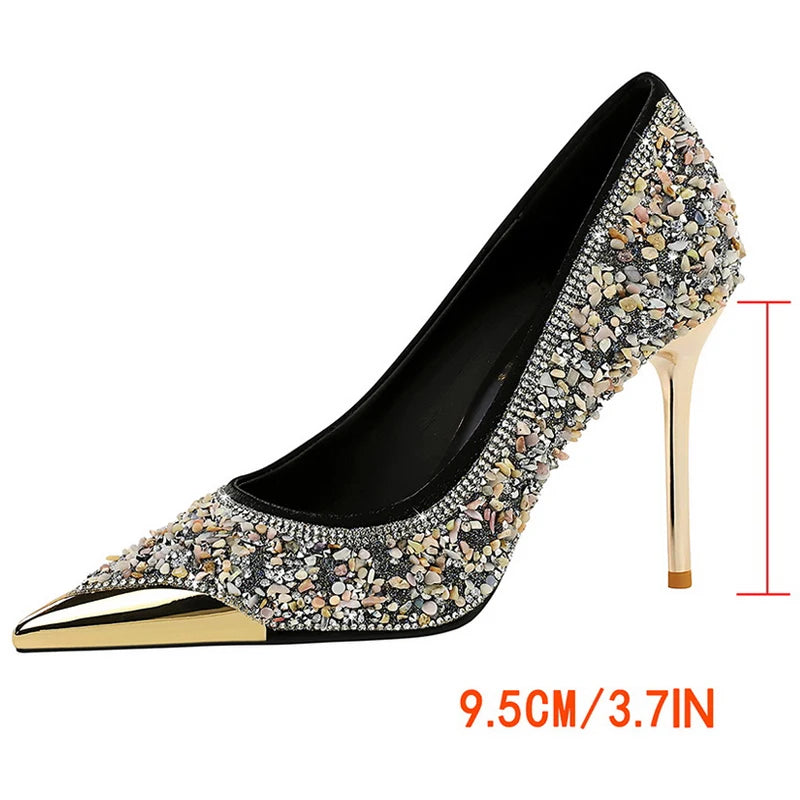 BIGTREE Shoes Rhinestone Shoe Upper Women Pumps Stiletto Heels 9.5 Cm Metal Pointed Tip High Heels Luxury Crystal Pumps Lady