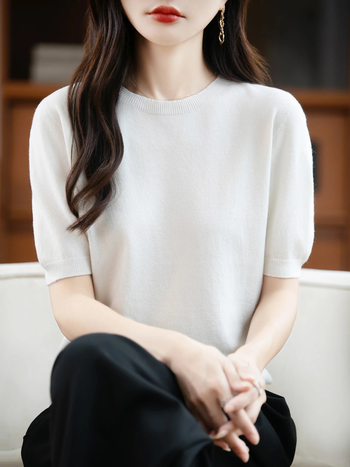 Autumn Women 100% Merino Wool Sweater O-Neck Cashmere Pullover Basic Fashion Short Sleeve Clothing Comfort Top Casual Solid