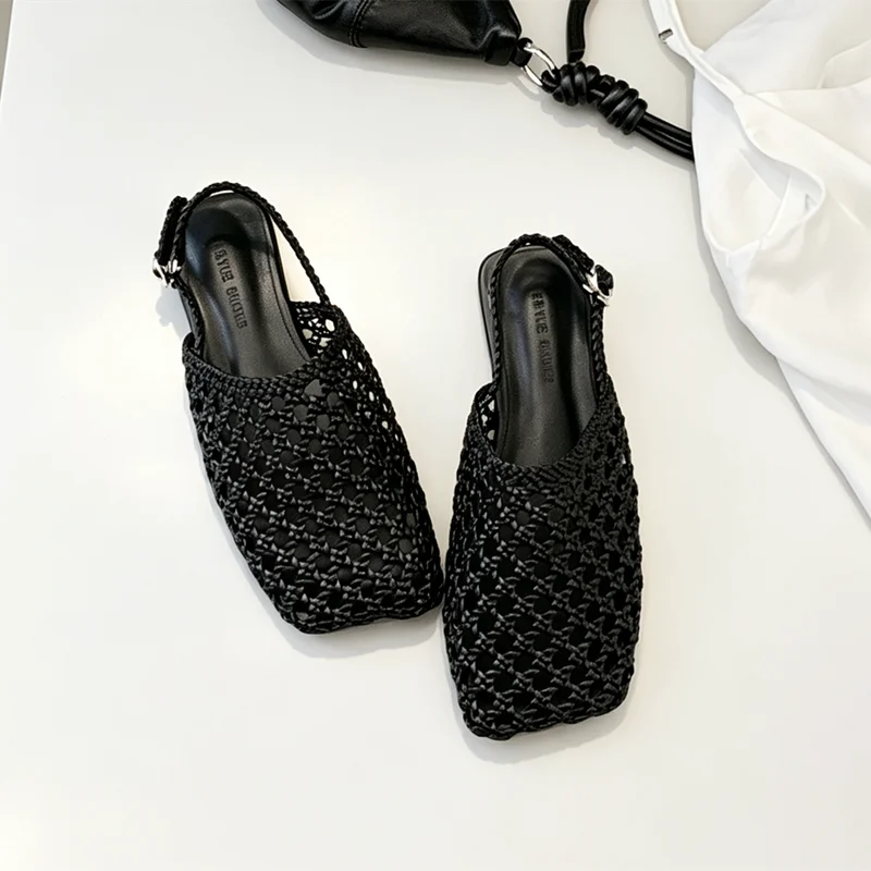High Quality Hollow Woven Flat Sandals Women Square Toe Back Strap Detail Lolita Style Shoes Summer Comfortable Women's Shoes