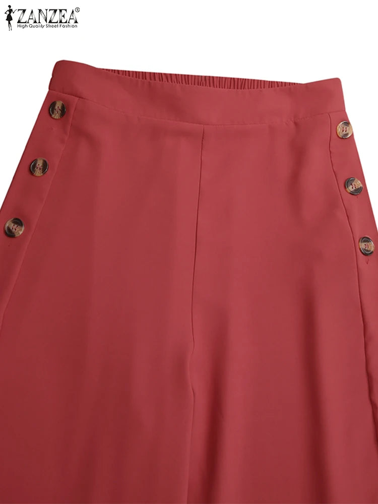 ZANZEA Women Wide Leg Pant Capris Solid Trouser 2024 Summer Casual Suit Pants Elegant OL Oversized High Waist Pantalon Palazzo