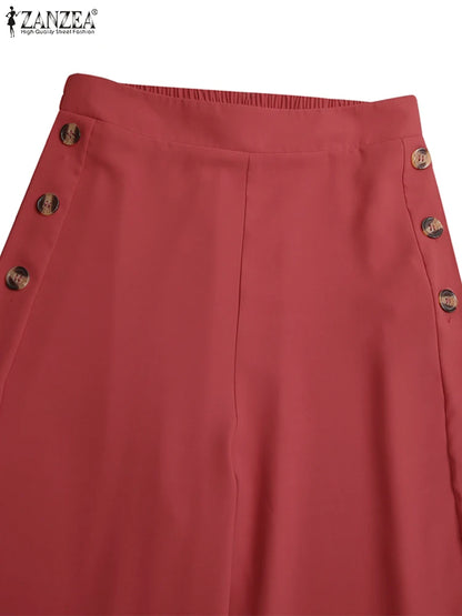 ZANZEA Women Wide Leg Pant Capris Solid Trouser 2024 Summer Casual Suit Pants Elegant OL Oversized High Waist Pantalon Palazzo