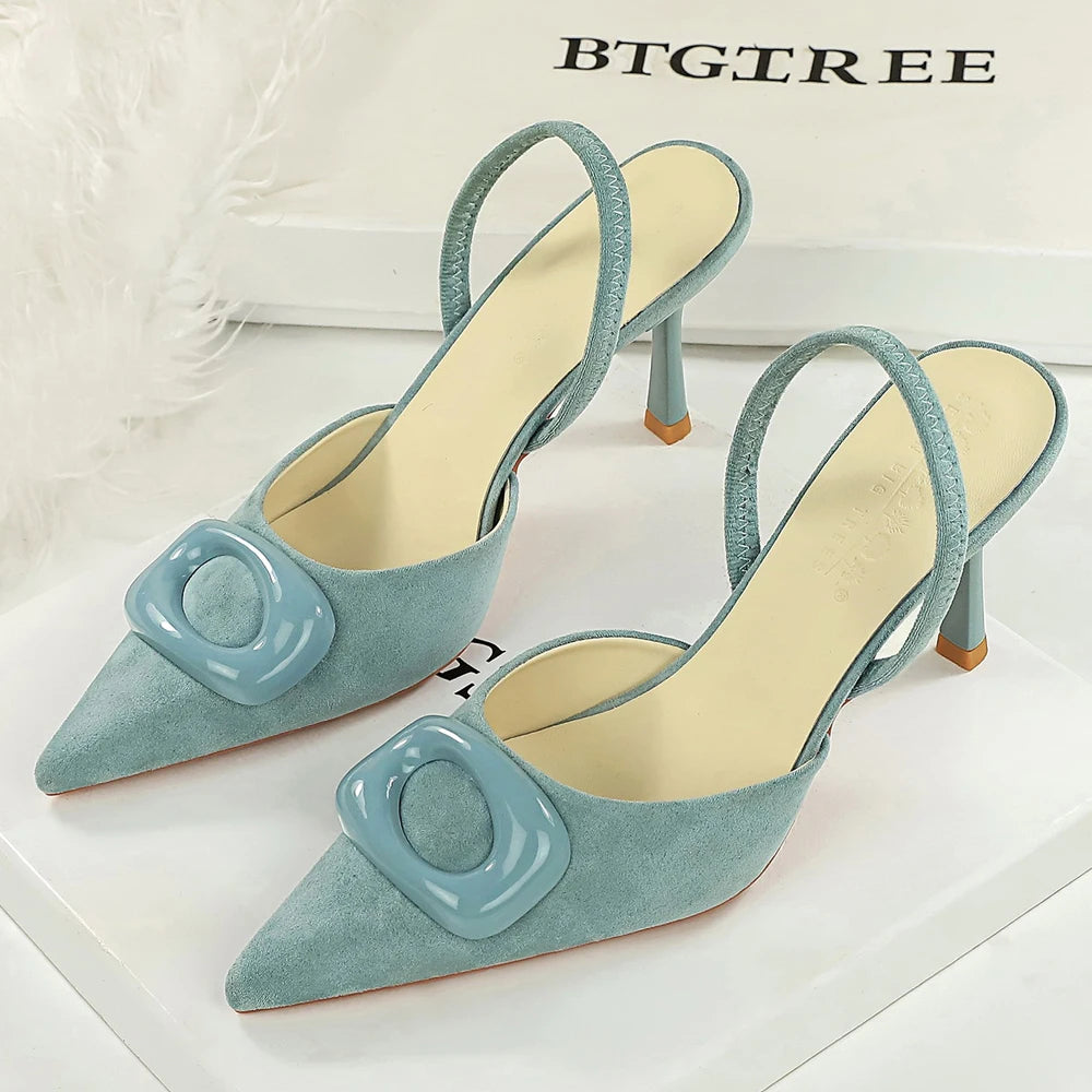 BIGTREE Shoes Square Buckle Design Women Pumps Suede High Heels Ladies Shoes Stiletto 8 cm Heels Fashion Women's Sandals Summer