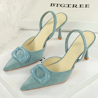 BIGTREE Shoes Square Buckle Design Women Pumps Suede High Heels Ladies Shoes Stiletto 8 cm Heels Fashion Women's Sandals Summer