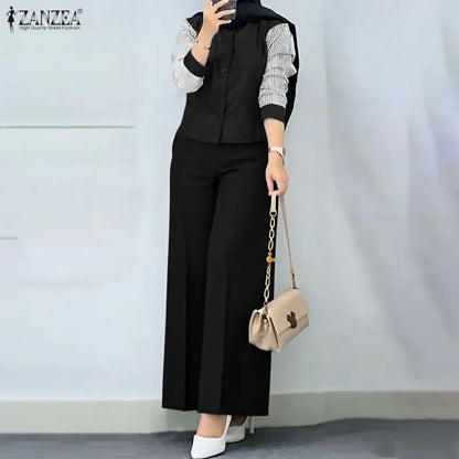 ZANZEA Women Muslim 2 Pieces Sest Hijab Tracksuit Fashion Pant Sets Summer Long Sleeve Patchwork Blouse Trousers Suit Outfits