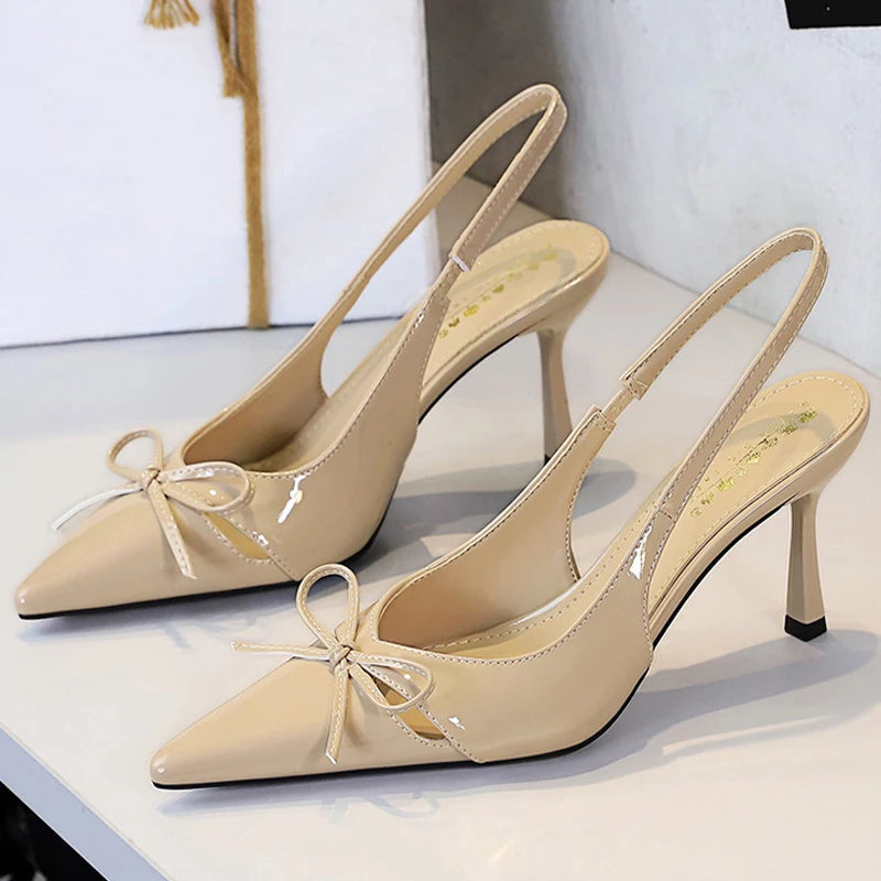 BIGTREE Shoes Hollow Bowknot Women's Shoes With Pointed Tips Women Pumps Patent Leather High Heels Women Sandals Large Size 43