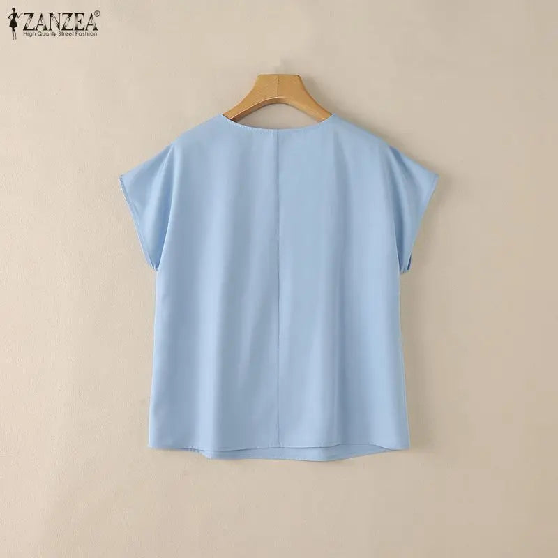 ZANZEA Women Summer Short Sleeve Blouses Casual Chic O-Neck Pleated Front Solid Color Tops Minimalist Loose Blusas de Mujer