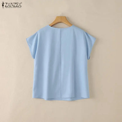 ZANZEA Women Summer Short Sleeve Blouses Casual Chic O-Neck Pleated Front Solid Color Tops Minimalist Loose Blusas de Mujer