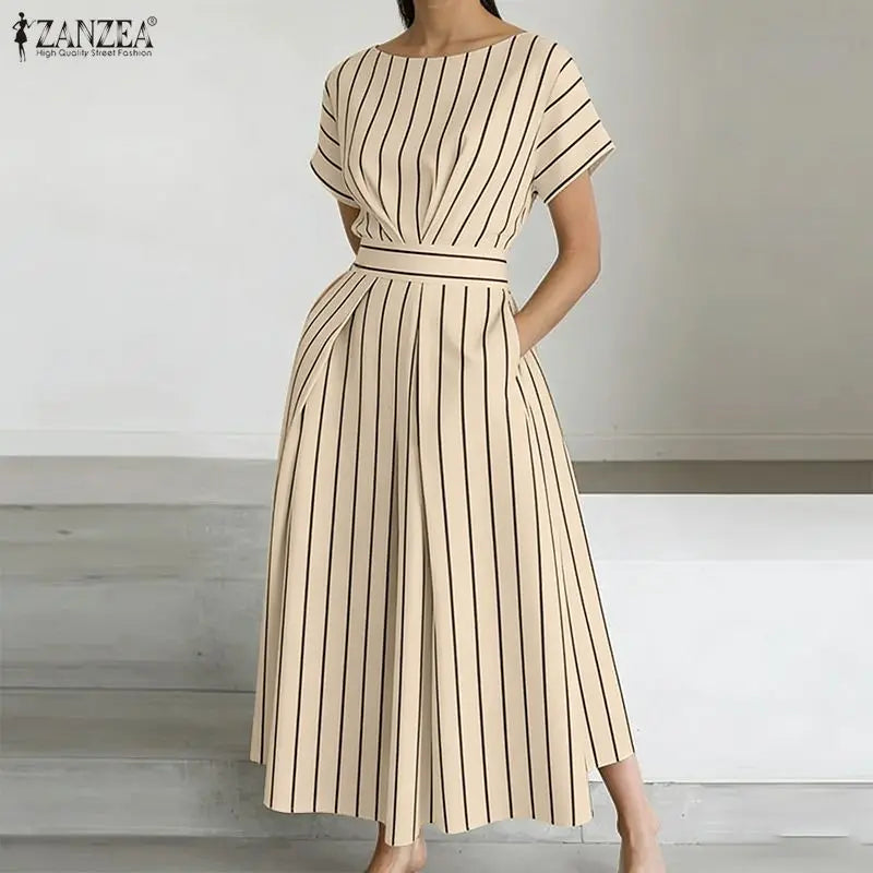 ZANZEA Fashion Women Short Sleeve Striped Sundress Summer OL Work Dress Elegant A Line Waisted Midi Robe Casual Holiday Dresses