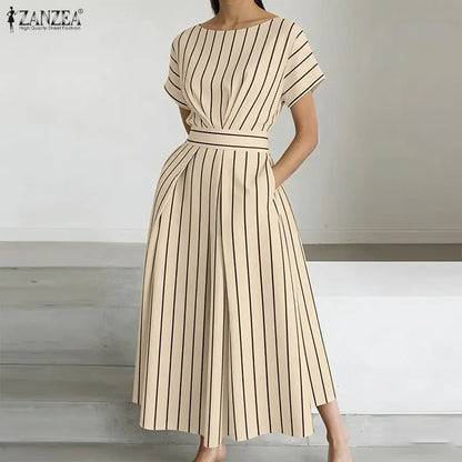 ZANZEA Fashion Women Short Sleeve Striped Sundress Summer OL Work Dress Elegant A Line Waisted Midi Robe Casual Holiday Dresses