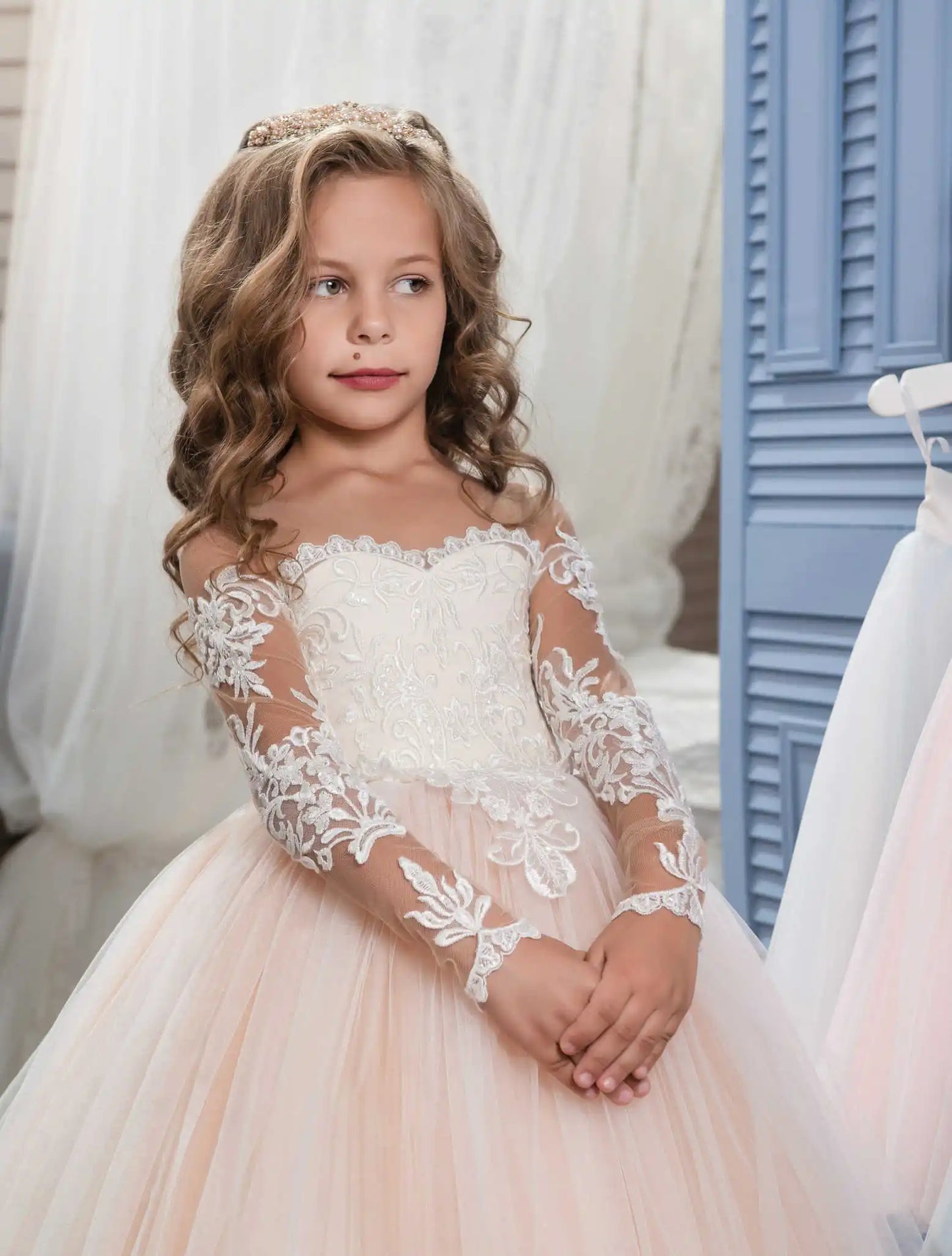 Lace Embroidery Transparent Long Sleeved Children's Flower Girl Wedding Party Graduation Ceremony Princess Floor Mopping Dress