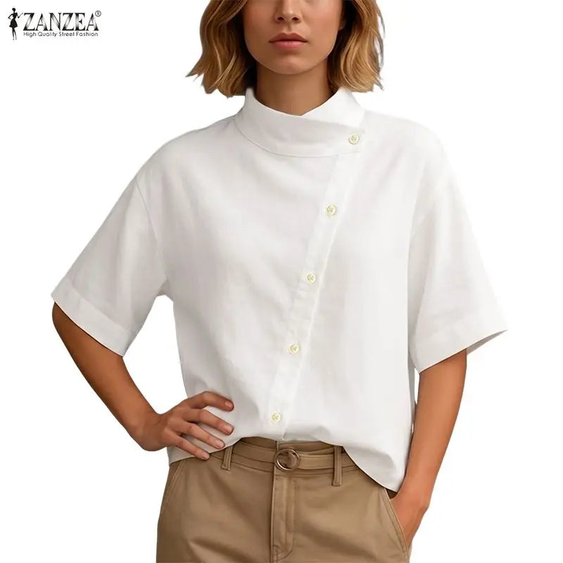 ZANZEA Women's Fashion Diagonal Front Shirts Casual Stand Collar Half Sleeve Button Up Tops Summer Solid Color Chemises Femme
