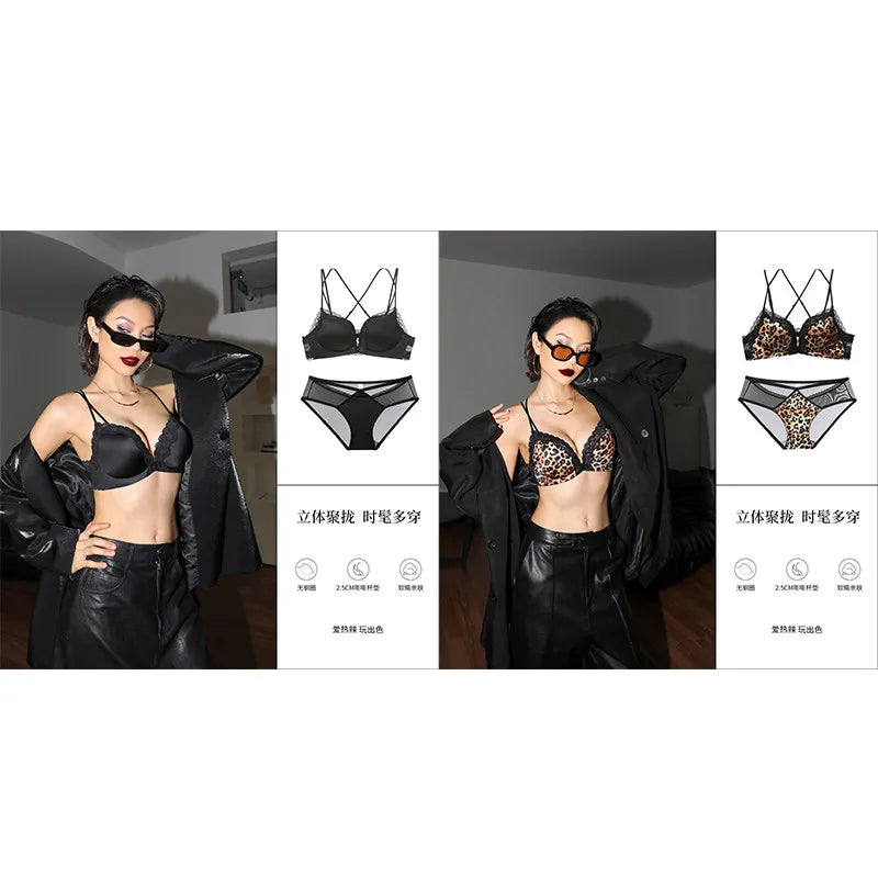 Victoria Style MOYISU Pink Leopard Wireless Bra Set, Front Hook Design, Push Up Bralette, Sexy Back Lingerie To Boost Small Bust
