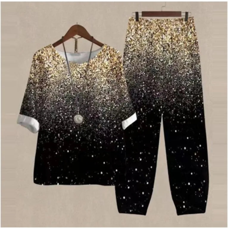 Summer Casual Two Piece Sets Women Loose Short Sleeve T-Shirt High Waist Pants Print Outfits Ladies Elegant Vintage top Pantsuit