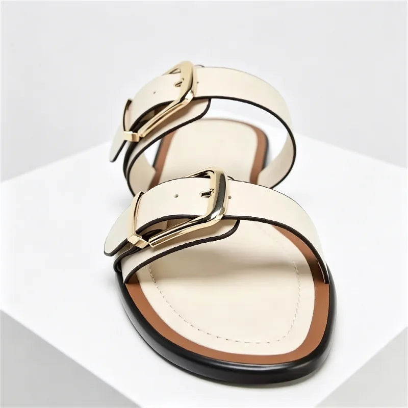 Comfortable Beige Soft Leather Flat Sandals Women Fashion Metal Buckle Designer Shoes Summer Sexy Open Toe Non Slip Beach Shoes