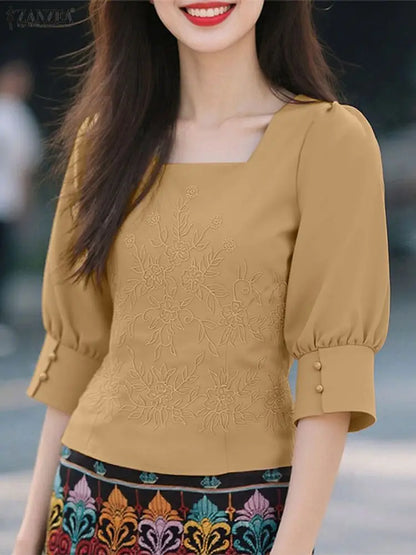 ZANZEA Elegant Embroidered Floral Women Blouses 2025 Autumn Fashion Square Neck 3/4 Puff Sleeve Short Tops Commuting Wear S-3XL