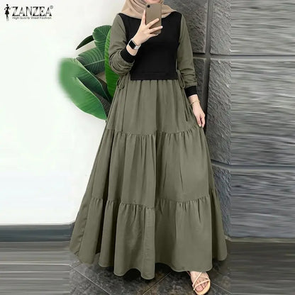 ZANZEA Fashion Women Patchwork Muslim Abaya Dress O Neck Long Sleeve Pleated Sundress Ramadan Robe Casual Maxi Dresses Kaftan
