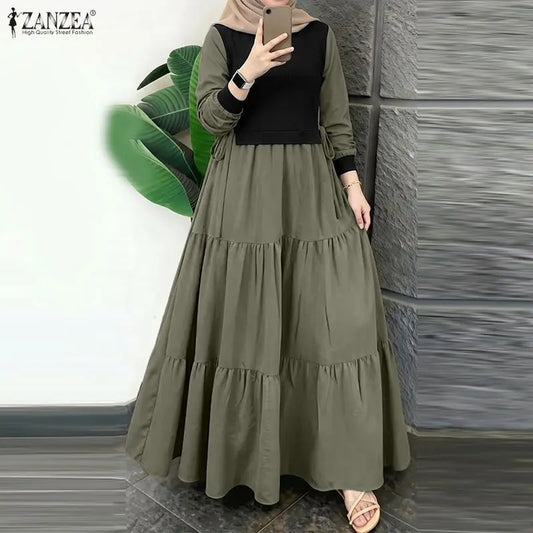 ZANZEA Fashion Women Patchwork Muslim Abaya Dress O Neck Long Sleeve Pleated Sundress Ramadan Robe Casual Maxi Dresses Kaftan