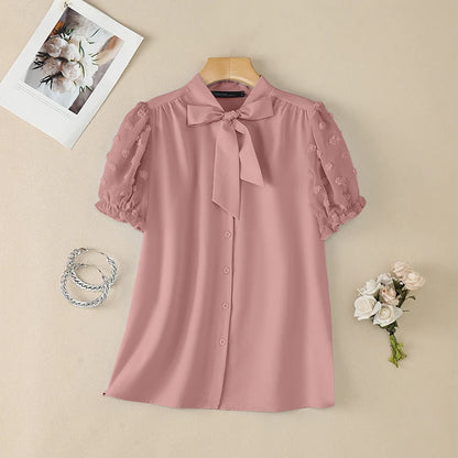 ZANZEA 2026 Summer Fil Coupe Shirts Women Elegant Tie-Neck Short Puff Sleeve Solid Color Button Up Tops Commute Work Camisas