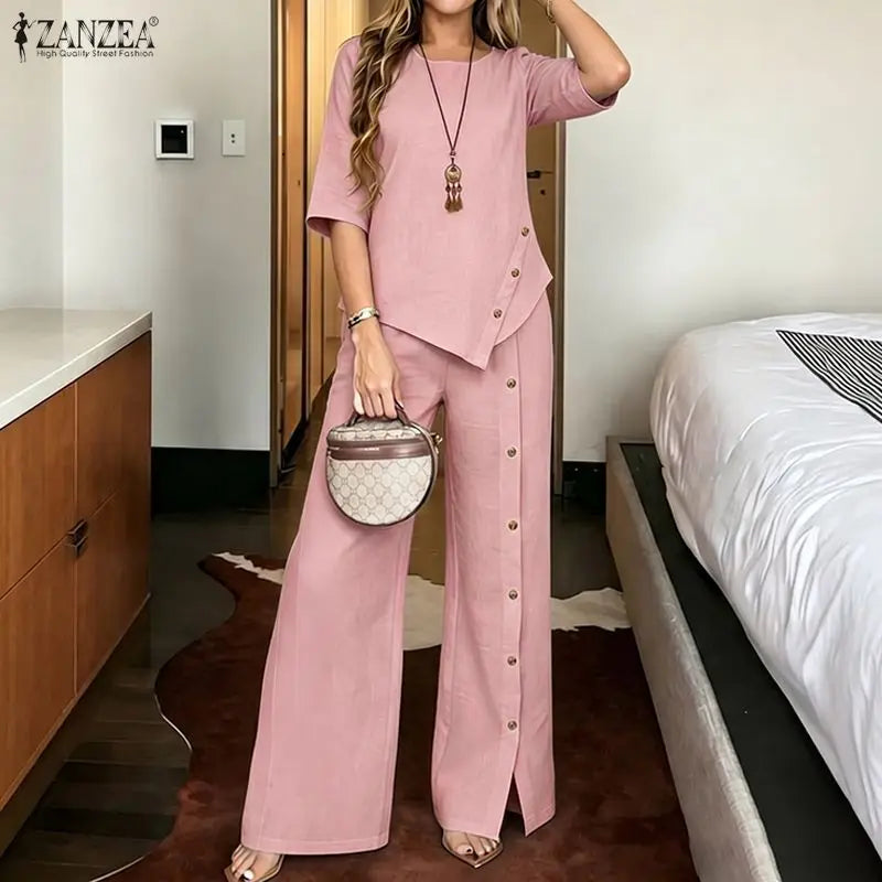 ZANZEA Fashion Summer Half Sleeve Blouse Pant Sets 2026 Women Matching Sets 2PCS OL Work OutfitsAsymmetrical Tops Trousers Suit