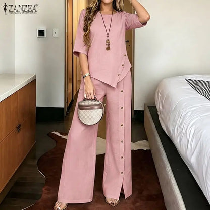 ZANZEA Fashion Summer Half Sleeve Blouse Pant Sets 2026 Women Matching Sets 2PCS OL Work OutfitsAsymmetrical Tops Trousers Suit
