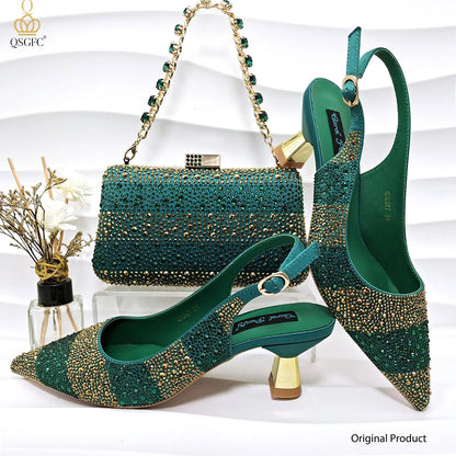 2026 Nigerian Women Heel Ladies Italian Luxury Design Green Shoes And Bag Set Decorated with Rhinestone Handbag Wedding Party