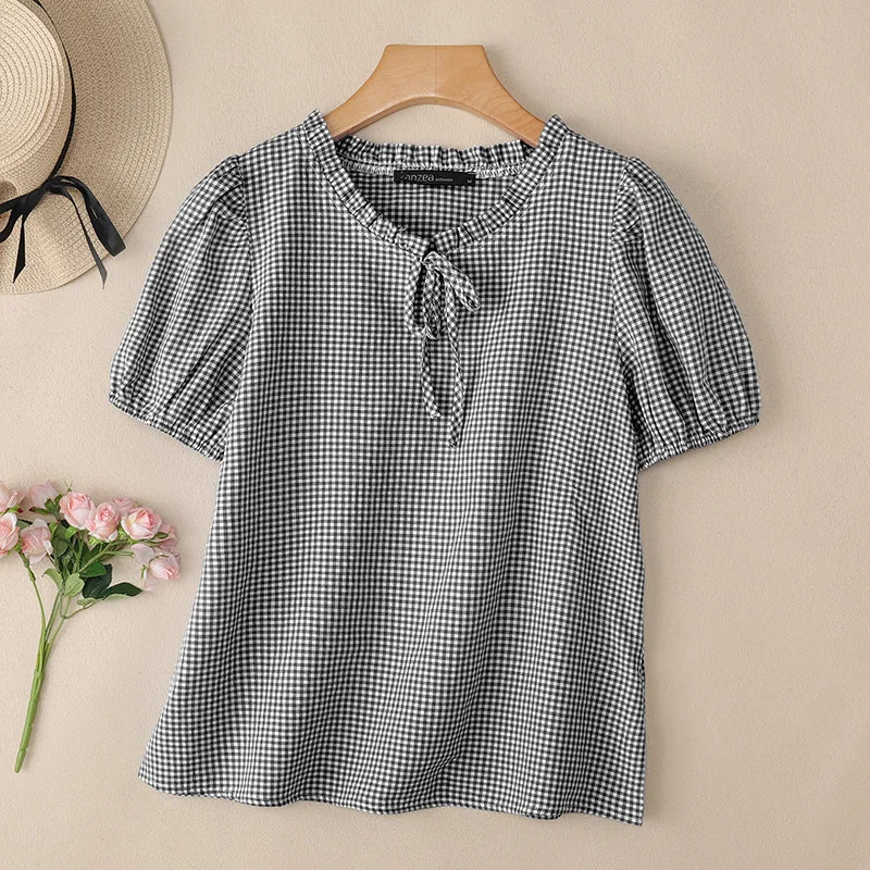 ZANZEA Woman Gingham Check Blouses Lace-Up Keyhole Ruffled Trim O-Neck Puff Short Sleeve Tops Summer Daily Casual Blusas Mujer