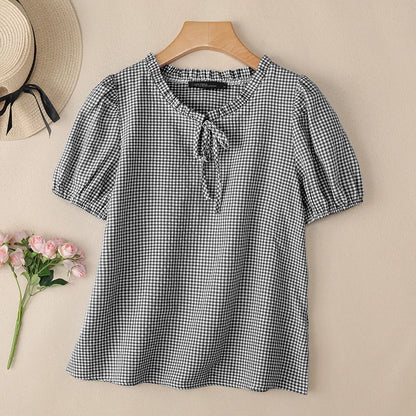 ZANZEA Woman Gingham Check Blouses Lace-Up Keyhole Ruffled Trim O-Neck Puff Short Sleeve Tops Summer Daily Casual Blusas Mujer