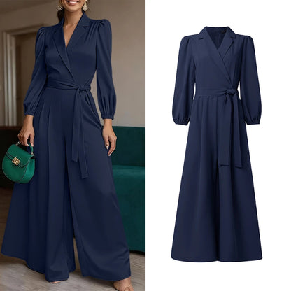 ZANZEA Women's Elegant Chic Jumpsuits Office Lady Lapel Neck Long Sleeve Tie-Waist Wide Leg Pant Overalls Solid Color Playsuits
