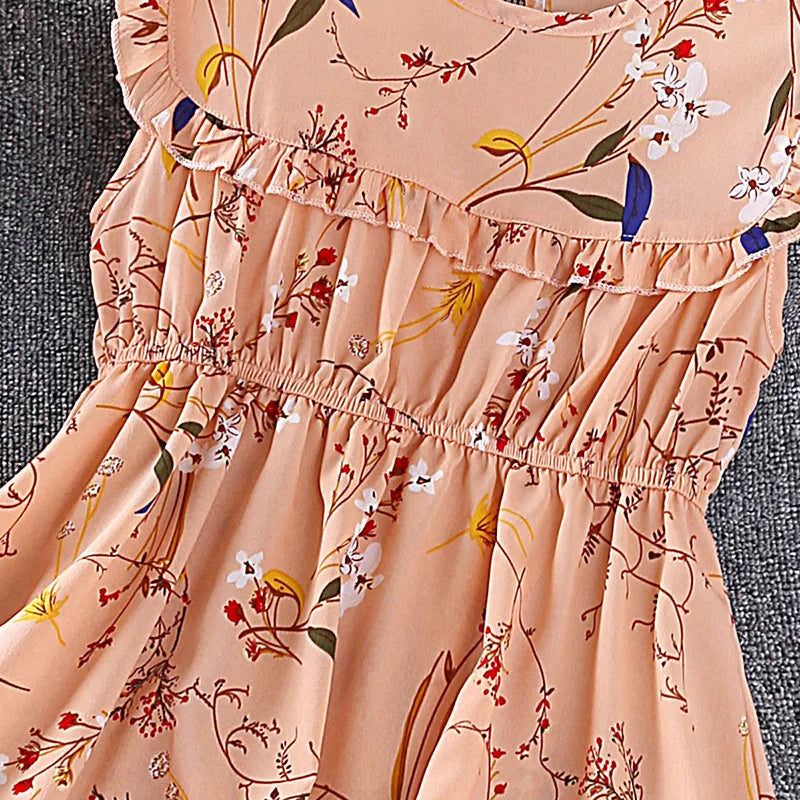 Children Girls Summer Casual Sleeveless Dress 5-12T Crew Neck Floral Dress Cool Breathable Princess Dress Kids Daily Clothes