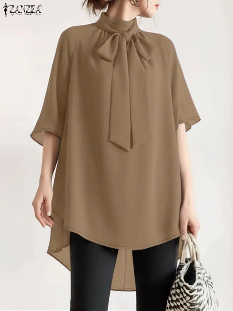 ZANZEA Fashion Women's High-Low Blouses Elegant Bow Tie Neck Half Sleeve Solid Color Designer Long Blouse Korean Woman Clothes