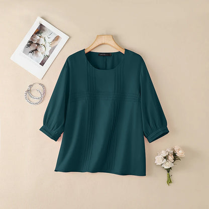 ZANZEA Woman Casual Minimalist Blouses Summer Pintuck Detailing O-Neck 3/4 Puff Sleeve Solid Color Tops Everyday Blusas de Mujer