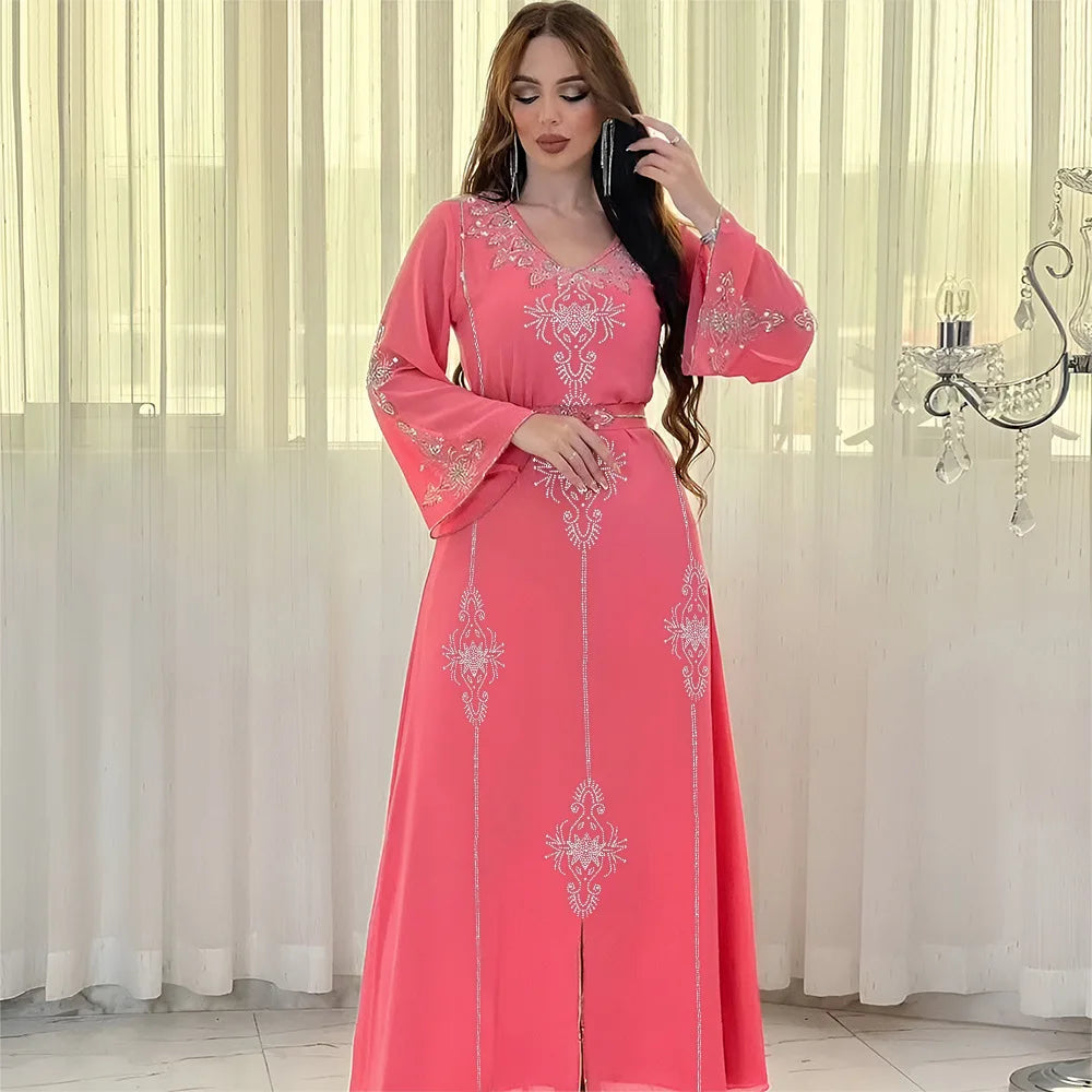 Customized Eid Jalabiya Muslim Abaya Party Dress for Women Arab Diamond Lace-up Abayas Long Dresses Robe Woman Elegant Ramadan V