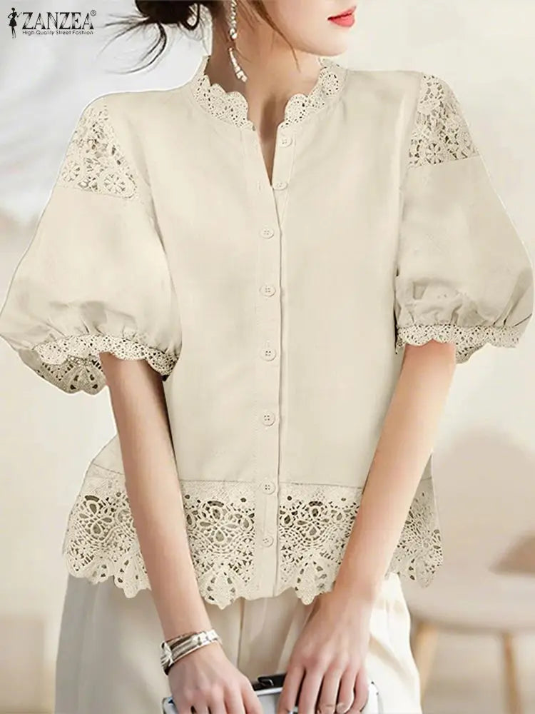 ZANZEA Women's Elegant Lace Patchwork Shirts O-Neck Half Lantern Sleeve Button Up Blouses 2025 Autumn Solid Color Woman Clothing