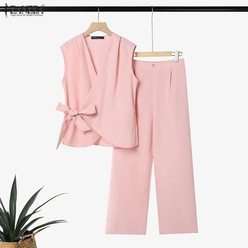 ZANZEA Women Minimalist Matching Pant Sets Wrapped V-Neck Sleeveless Tops & Wide Leg Pants 2 Piece Suits Casual Commute Outfits