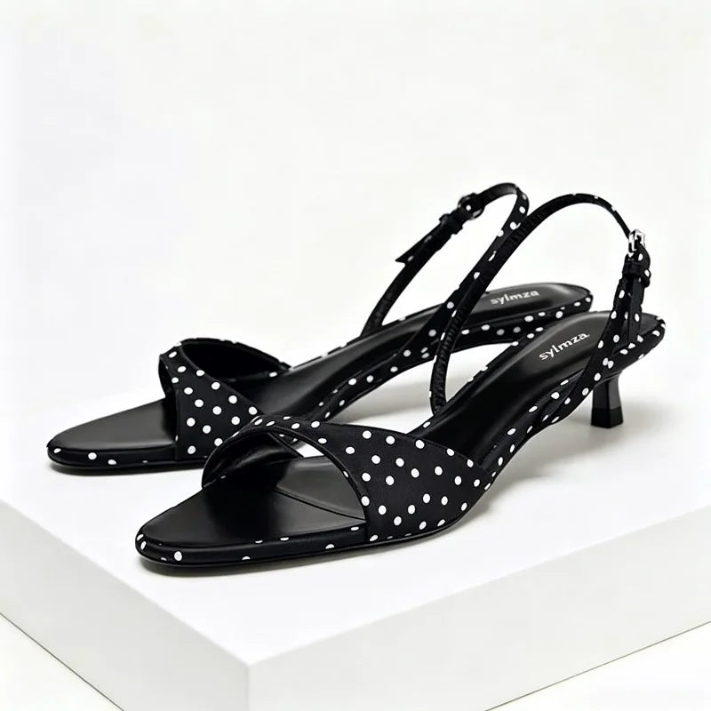 Luxury Satin Kitten Heel Women's Sandals Fashion Open Toe Back Strap High Heels Elegant Polka Dot Decoration Summer Casual Shoes