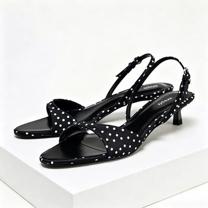 Luxury Satin Kitten Heel Women's Sandals Fashion Open Toe Back Strap High Heels Elegant Polka Dot Decoration Summer Casual Shoes