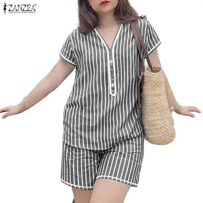 ZANZEA Women Casual Striped Short Suits Short Sleeve V-Neck Blouse & Elastic Waist Shorts 2 Pieces Sets Summer Loose Outfits