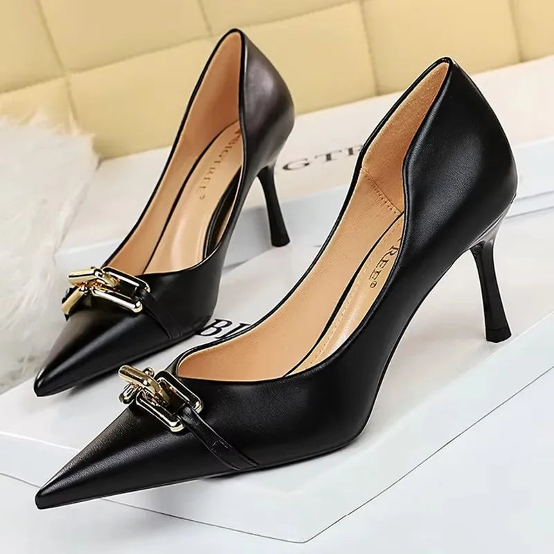 BIGTREE Shoes Elegant Women Pumps Metal Button Kitten Heels Women Shoes Stiletto Banquet Shoes Pointed High Heels Large Size 43