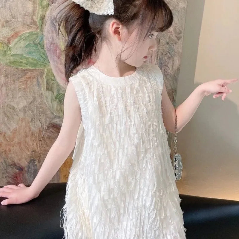 Trendy and Chic Fairy Princess Vest Dress for Baby with Stylish Tassel Bow Girl Girls Dresses 2 To 8 Years Cotton Kids White 6