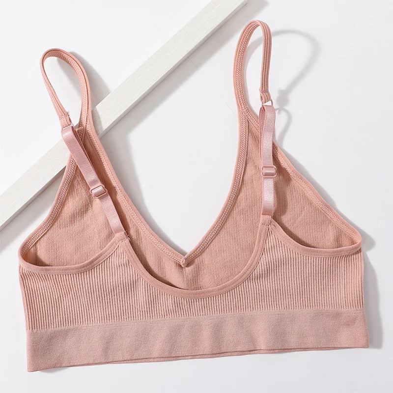 Women Ribbed V-Neck Wireless Bra Solid Color Knit Bralette Stretch Thin Straps Liner-Free No Chest Pads Lingerie Daily Intimates