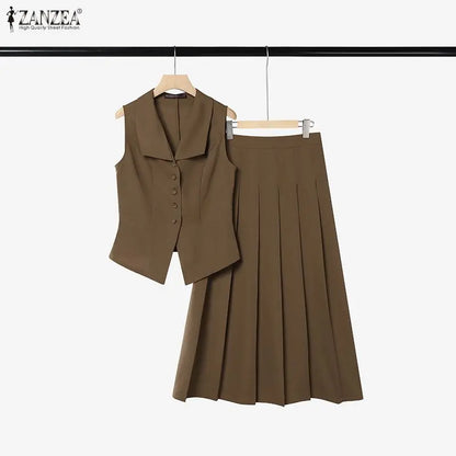 ZANZEA Women Elegant 2 Piece Matching Sets Lapel Sleeveless Vests Tops & Pleated A-Line Maxi Skirts Office Commute 2pcs Suits