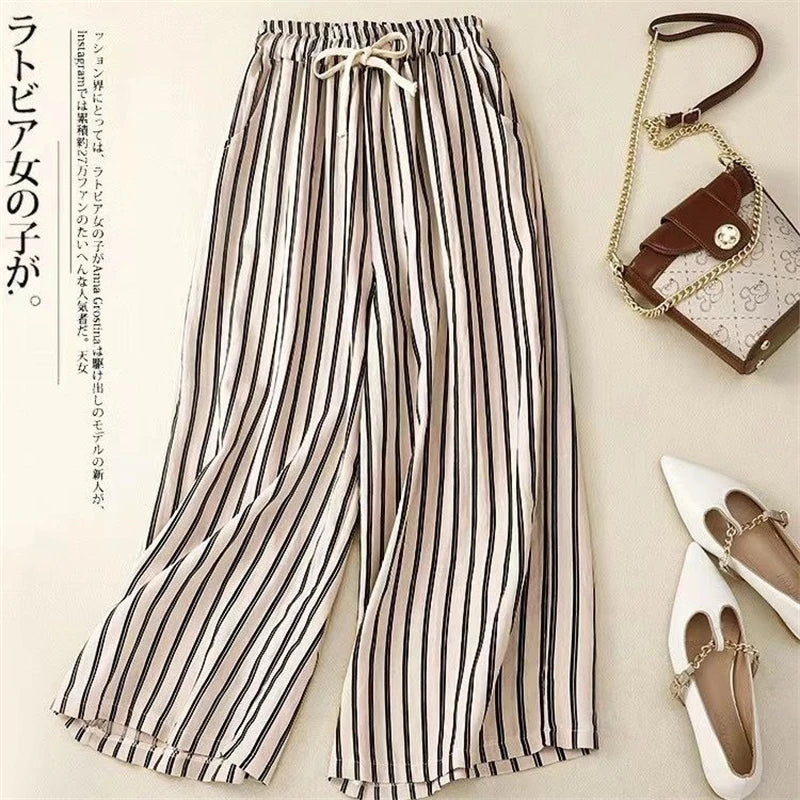 2024 Summer Women Vintage Striped Cotton Linen Beach Wide Leg Pants Female Casual High Waist Loose Straight Trousers Pantalones